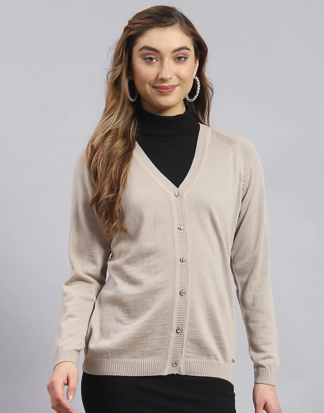 Women Beige Solid V Neck Full Sleeve Sweater - Image 2