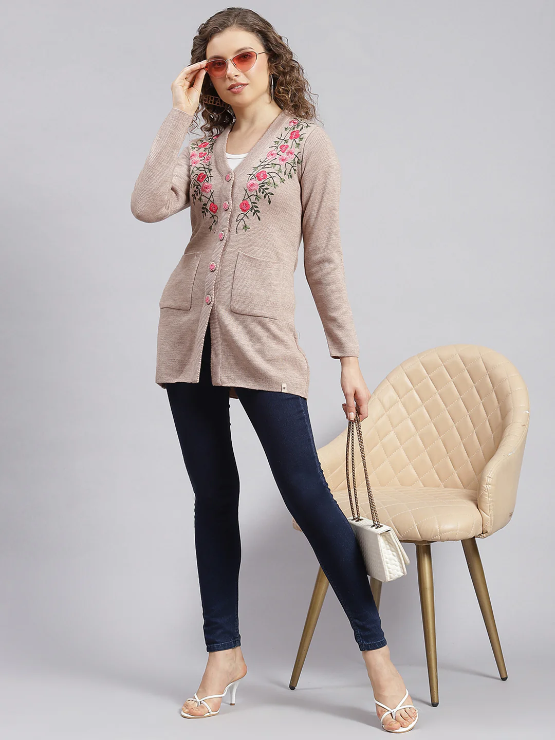 Women Beige Solid Wool blend Cardigan - Image 2