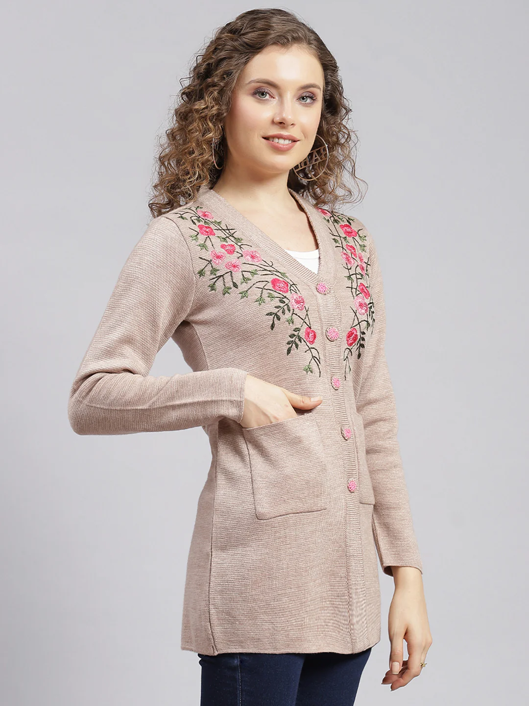 Women Beige Solid Wool blend Cardigan - Image 3