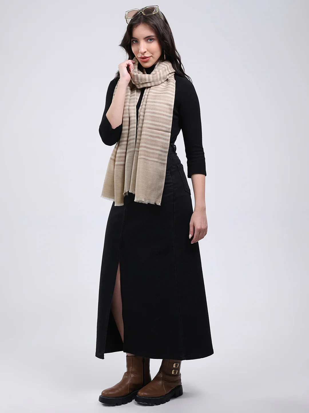 Women Beige Solid Wool Blend Stole - Image 5