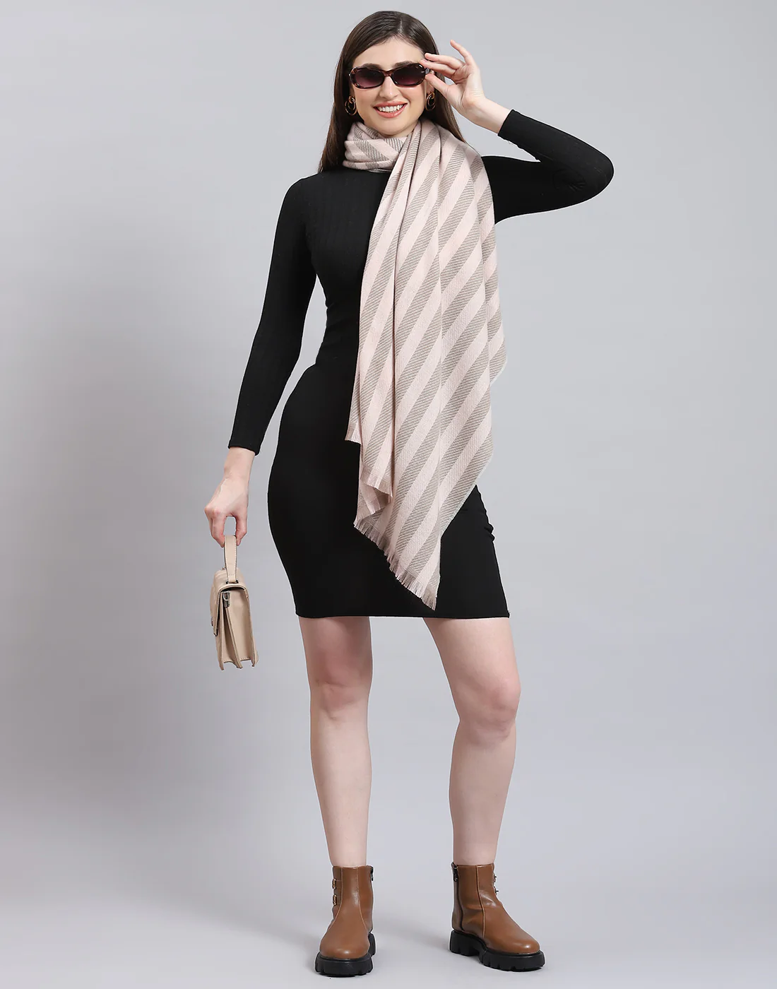 Women Beige Stripe Stole - Image 2
