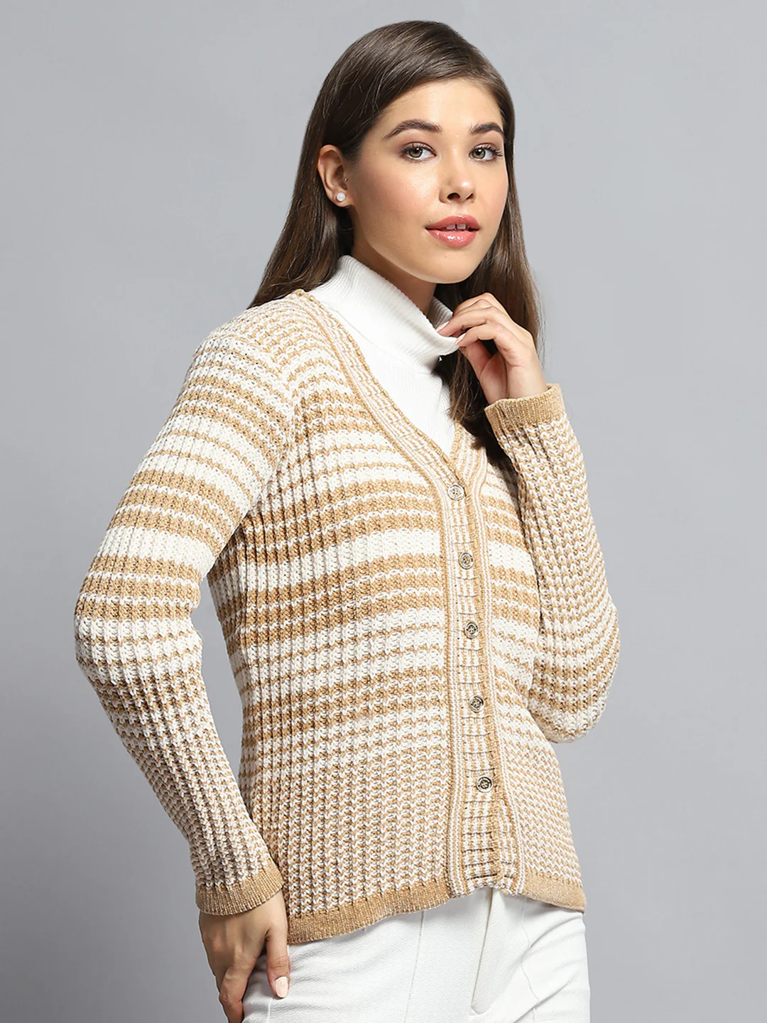 Women Beige Stripe V Neck Full Sleeve Cardigan - Image 4