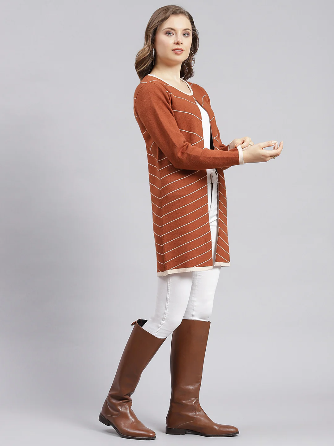 Women Beige Stripe Wool blend Cardigan - Image 3