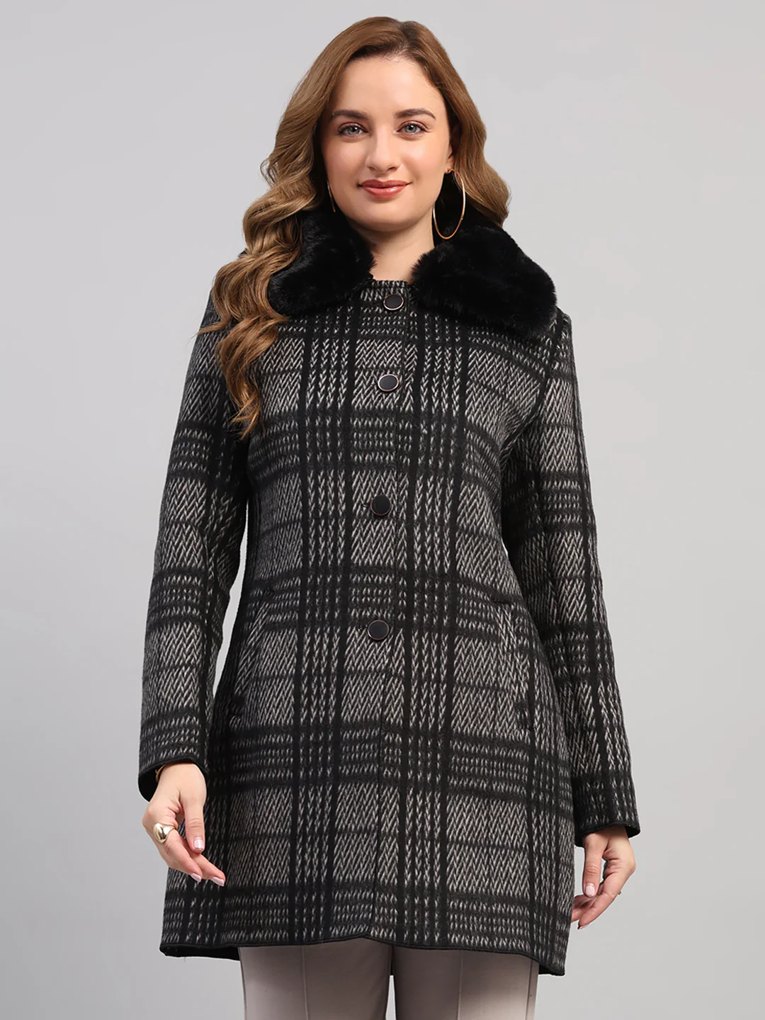 Women Black Check Collar Full Sleeve Wool Non-Lined Coat