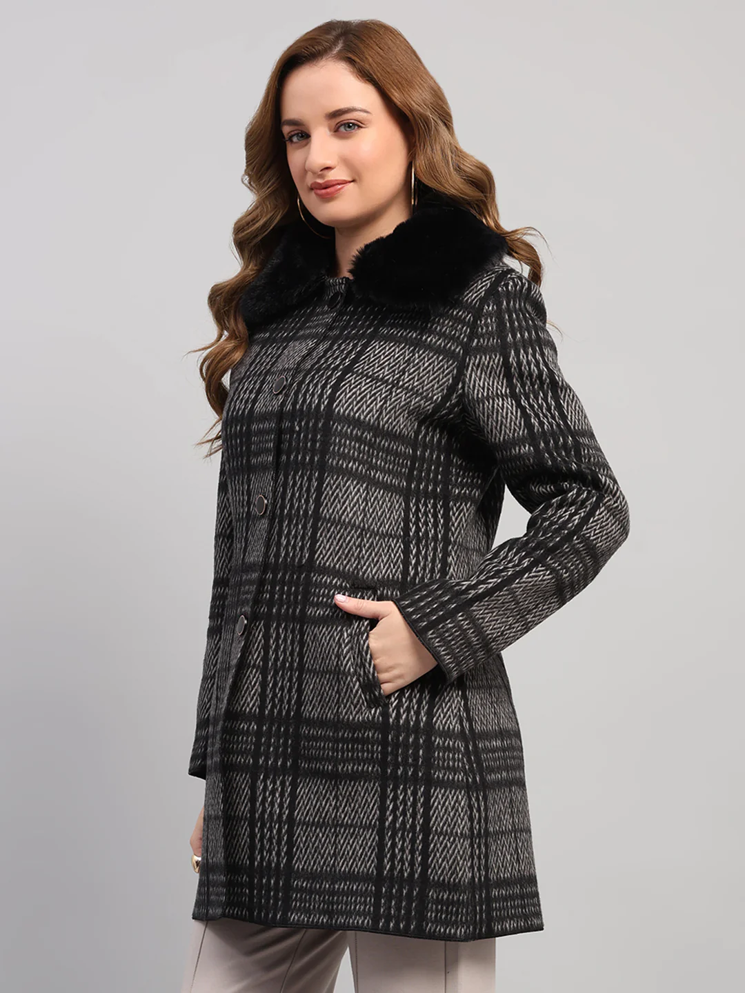 Women Black Check Collar Full Sleeve Wool Non-Lined Coat - Image 3