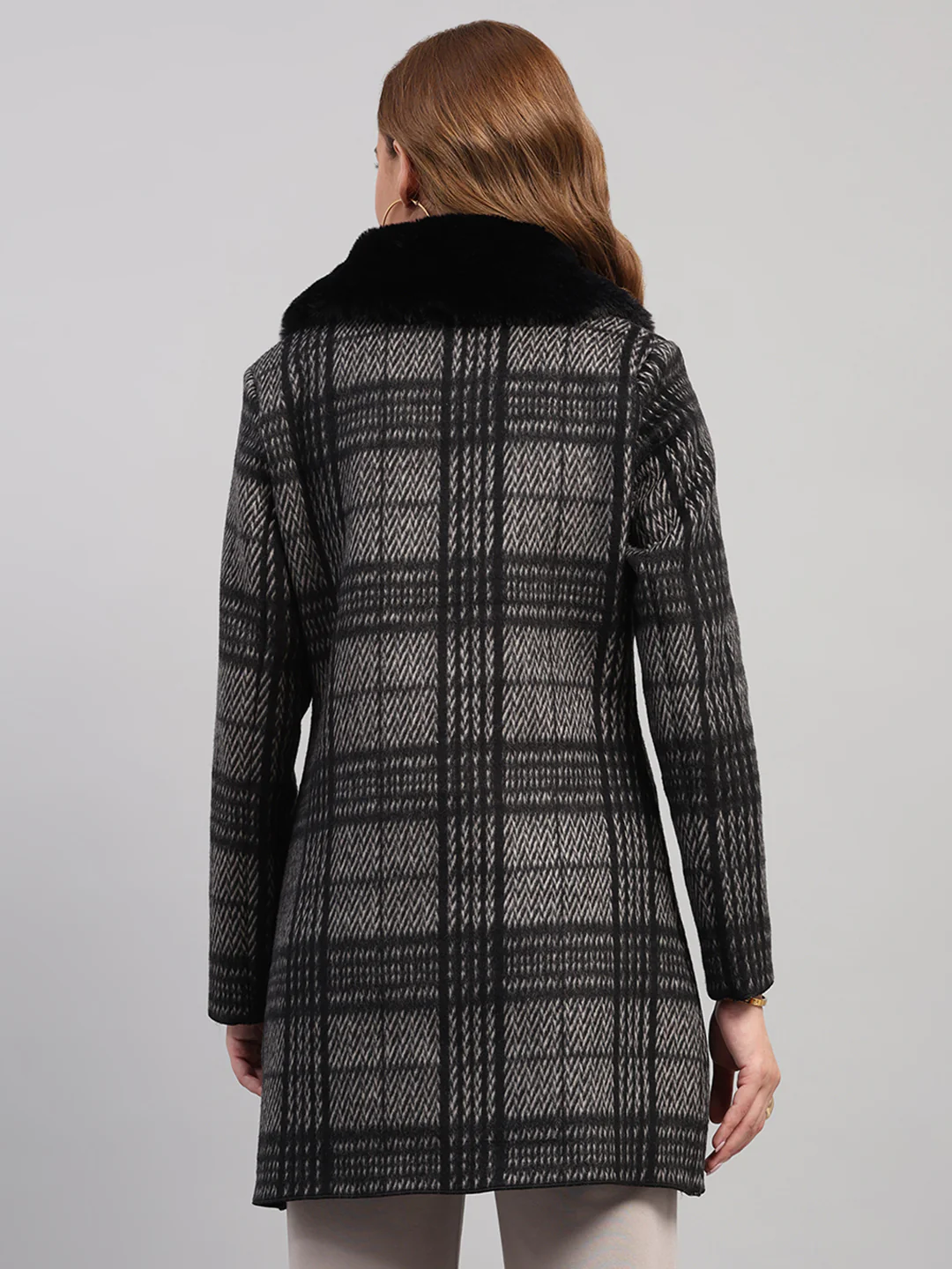 Women Black Check Collar Full Sleeve Wool Non-Lined Coat - Image 5