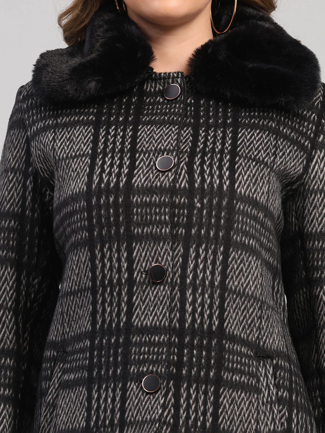 Women Black Check Collar Full Sleeve Wool Non-Lined Coat - Image 7