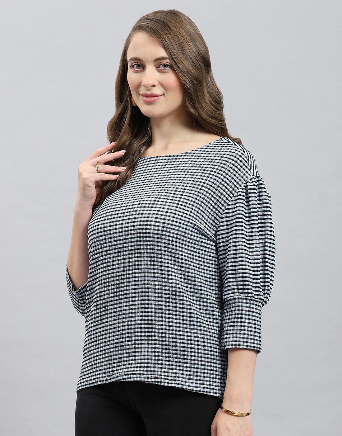 Women Black Check Round Neck 3/4th Sleeve Top - Image 3