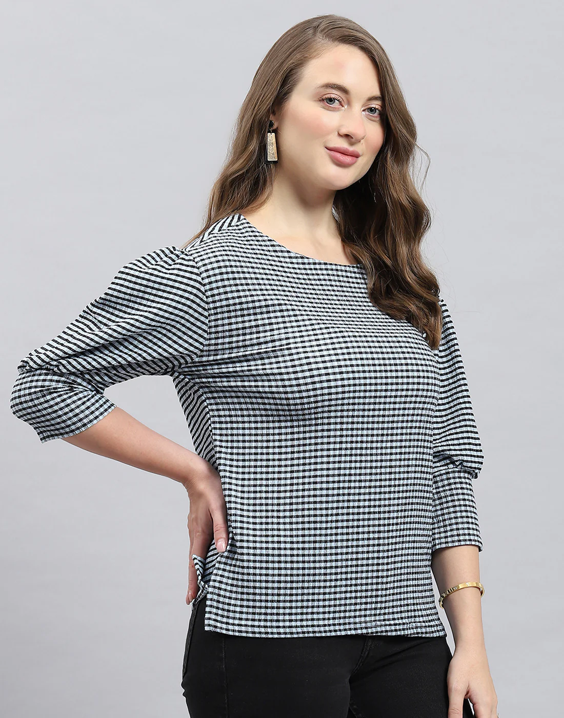 Women Black Check Round Neck 3/4th Sleeve Top - Image 4