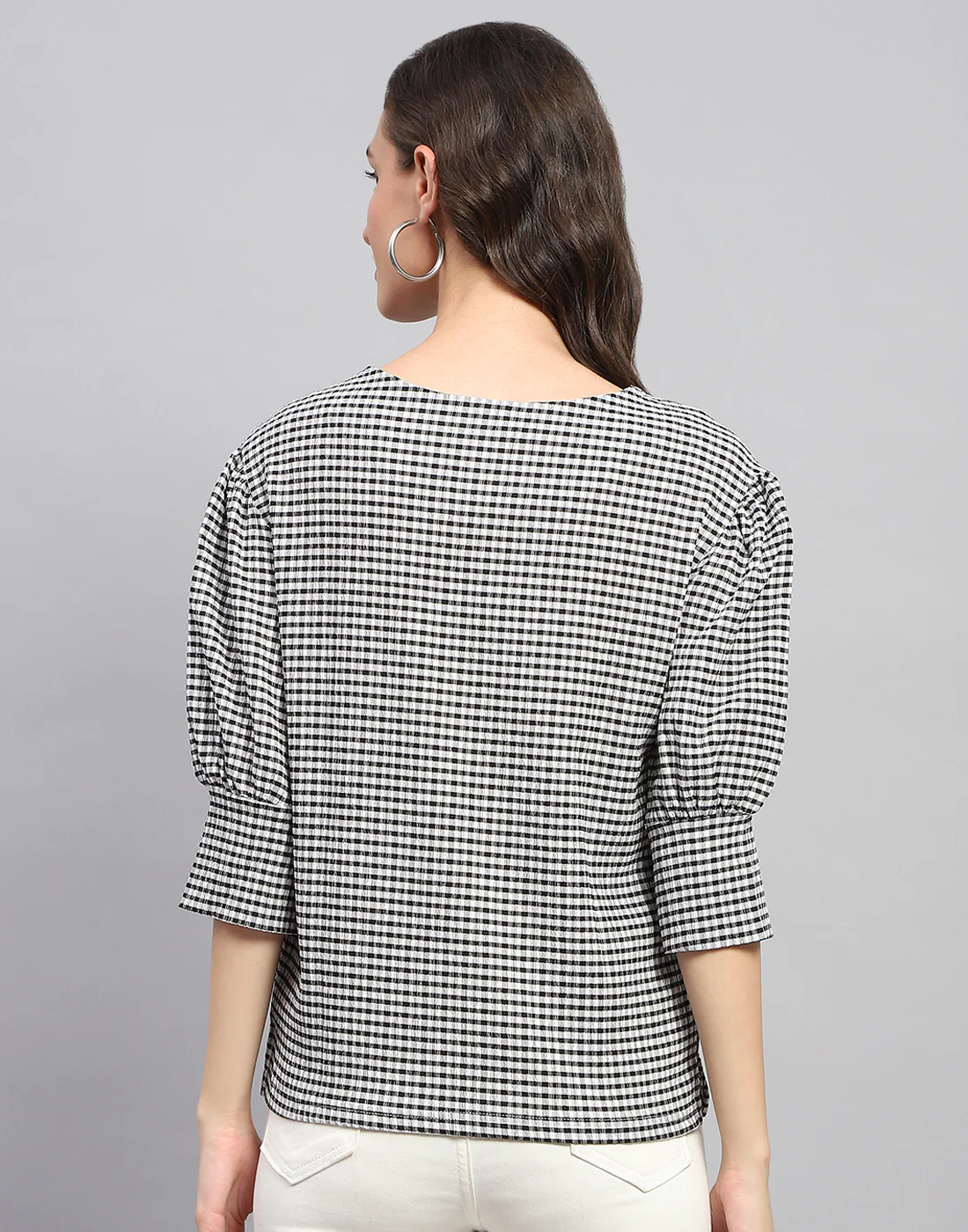 Women Black Check Round Neck 3/4th Sleeve Top - Image 5