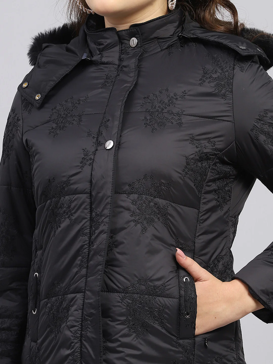 Women Black Embroidered Detachable Hood Full Sleeve Jacket - Image 8