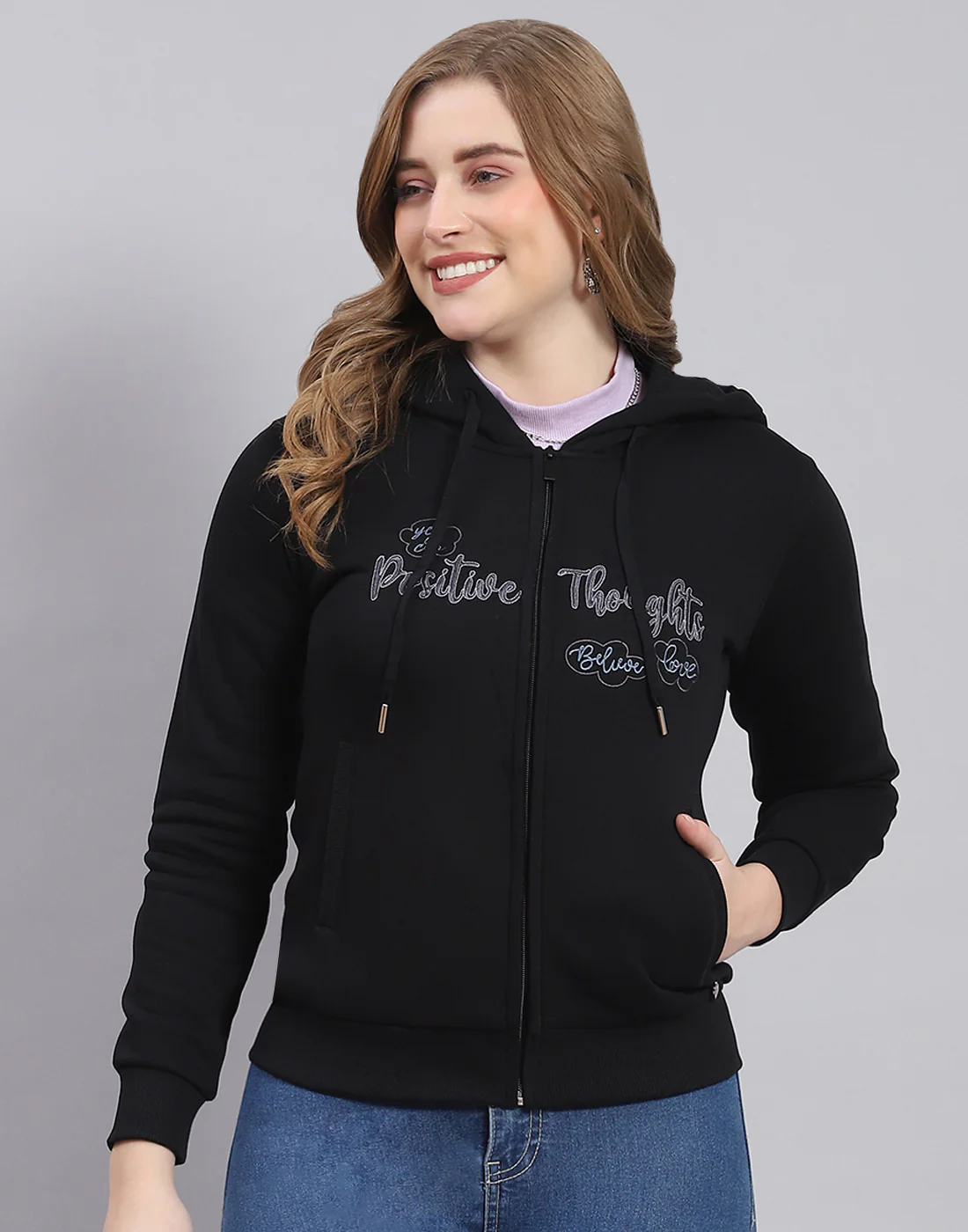 Women Black Embroidered Hooded Full Sleeve Sweatshirt - Image 3