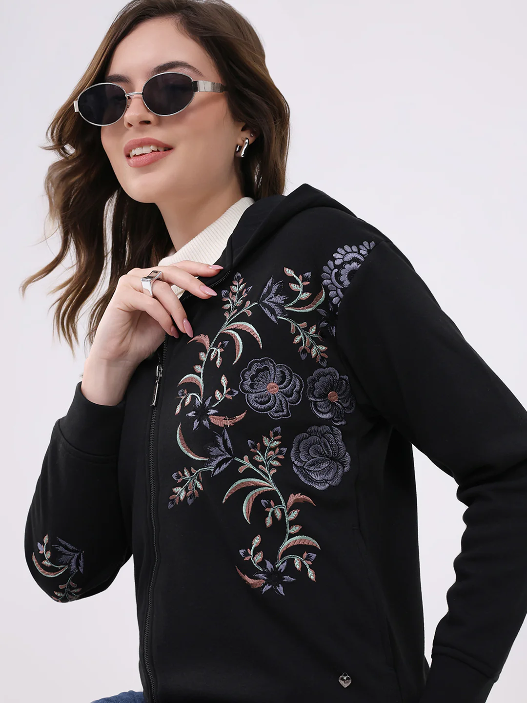 Women Black Embroidered Hooded Full Sleeve Sweatshirt - Image 6