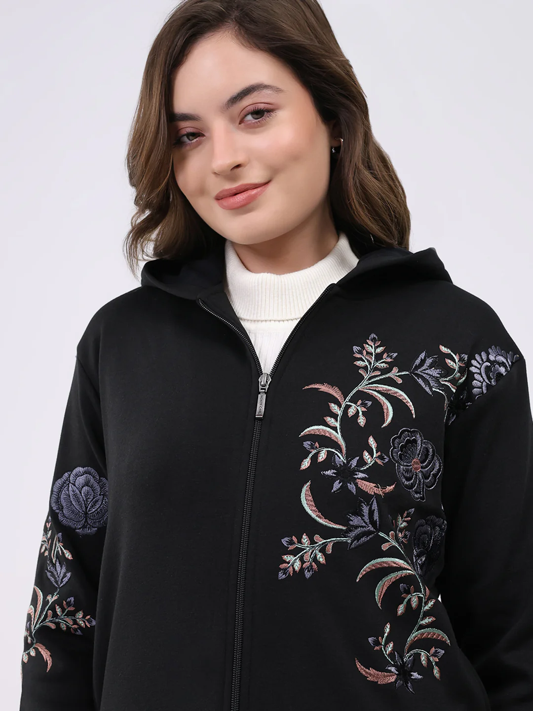 Women Black Embroidered Hooded Full Sleeve Sweatshirt - Image 7