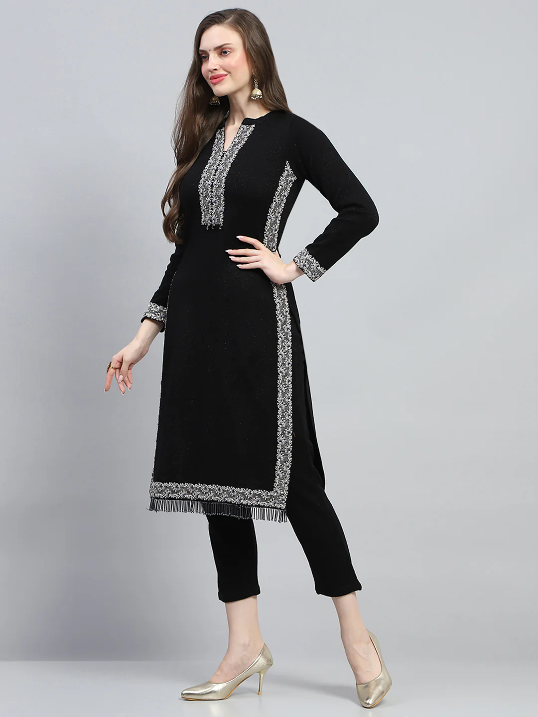 Women Black Embroidered Round Neck Full Sleeve Kurti Set for Winter - Image 3