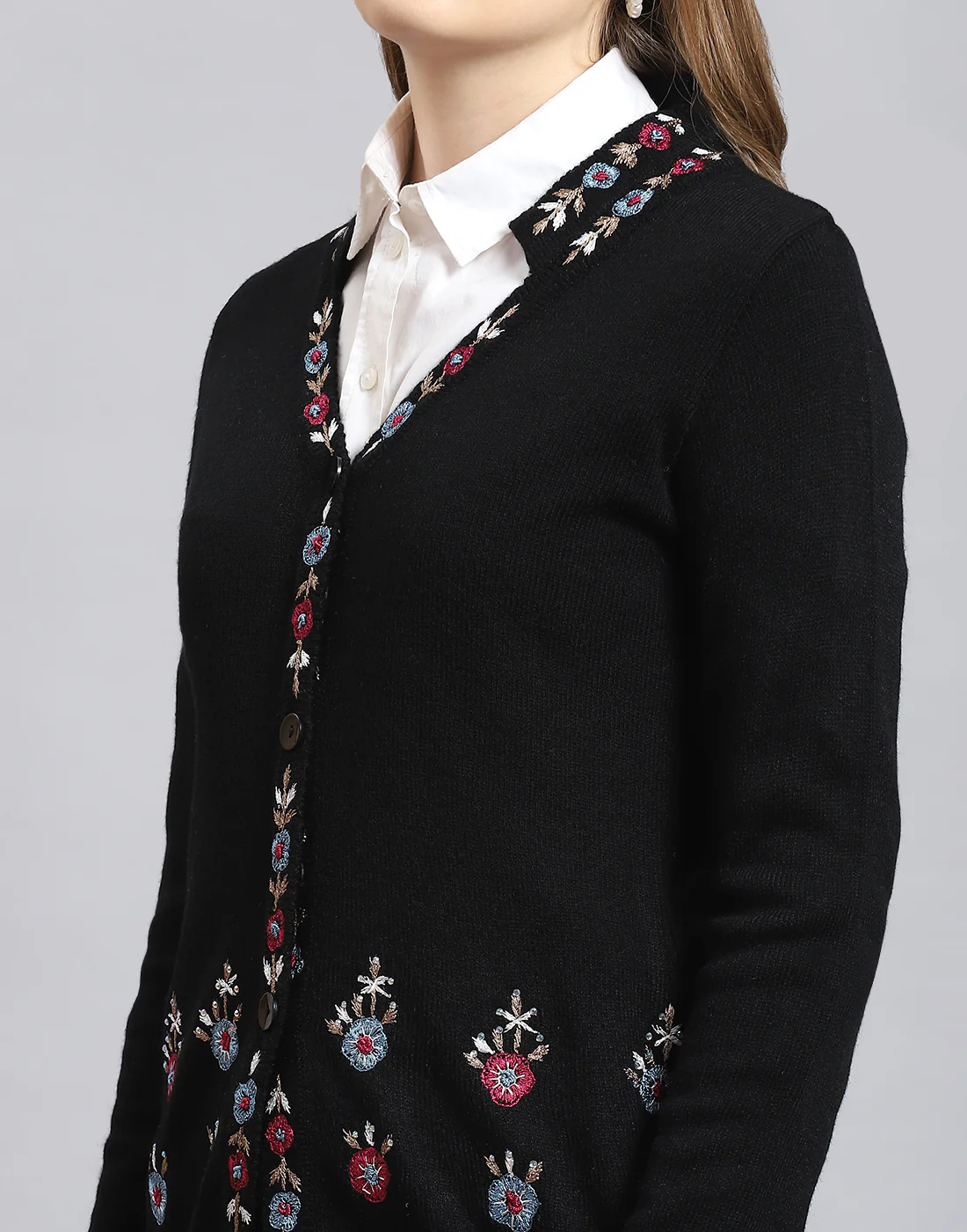 Women Black Embroidered V Neck Full Sleeve Cardigan - Image 6