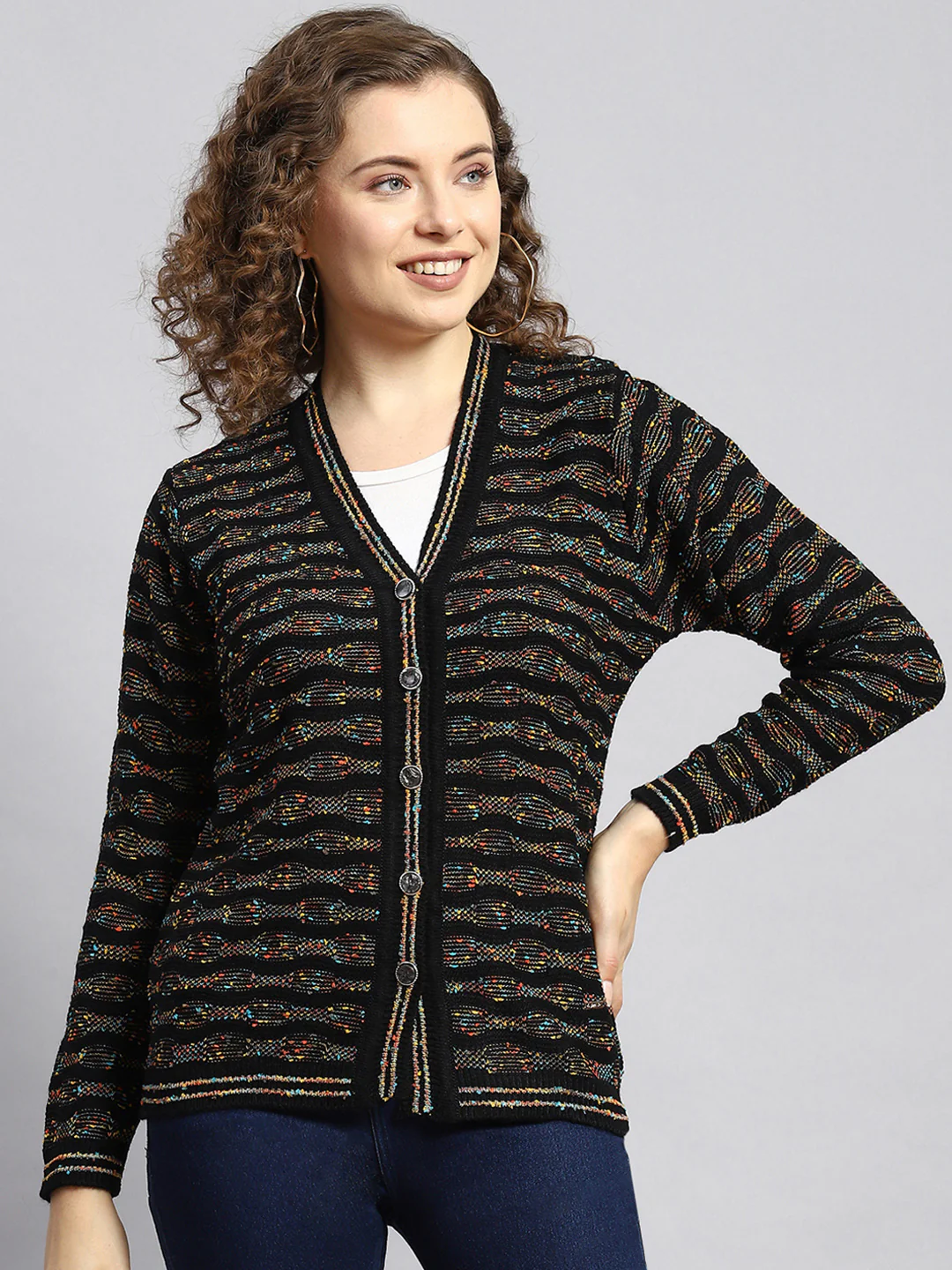 Women Black Jaquard Cardigan - Image 2