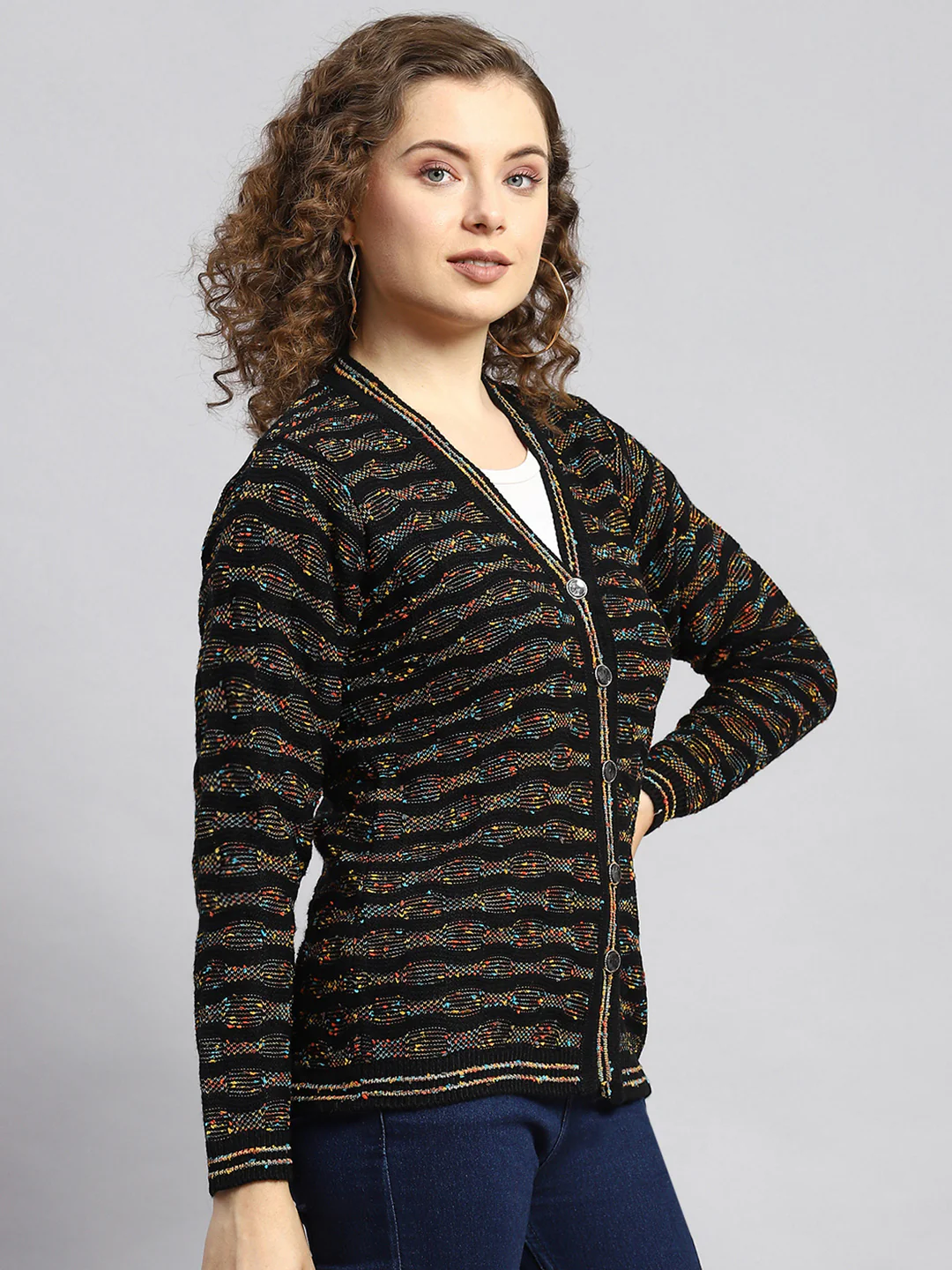 Women Black Jaquard Cardigan - Image 3