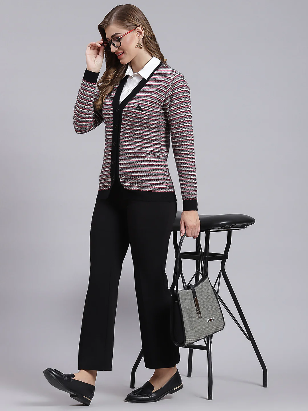Women Black Jaquard Pure wool Cardigan - Image 2