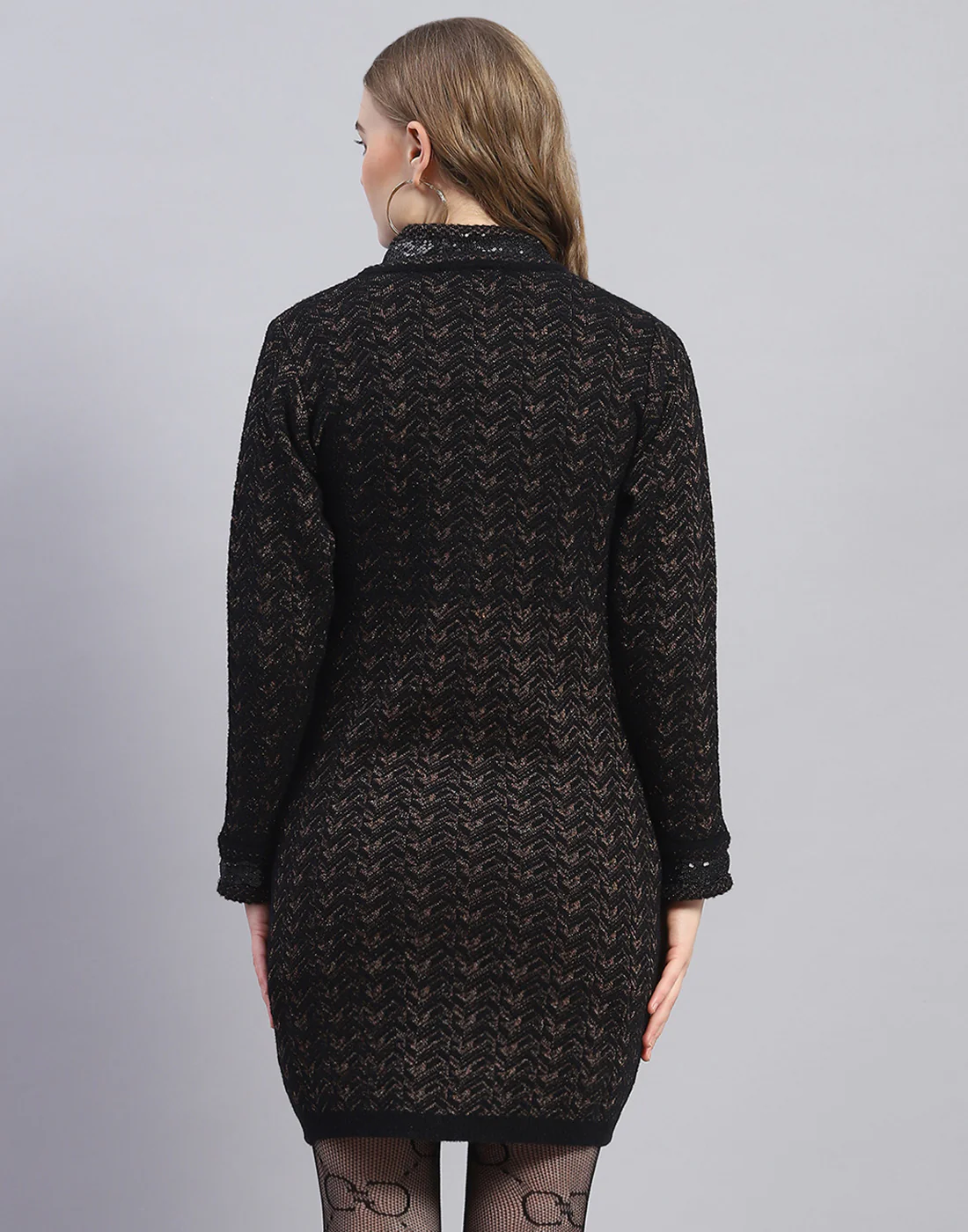 Women Black Jaquard V Neck Full Sleeve Cardigan - Image 5