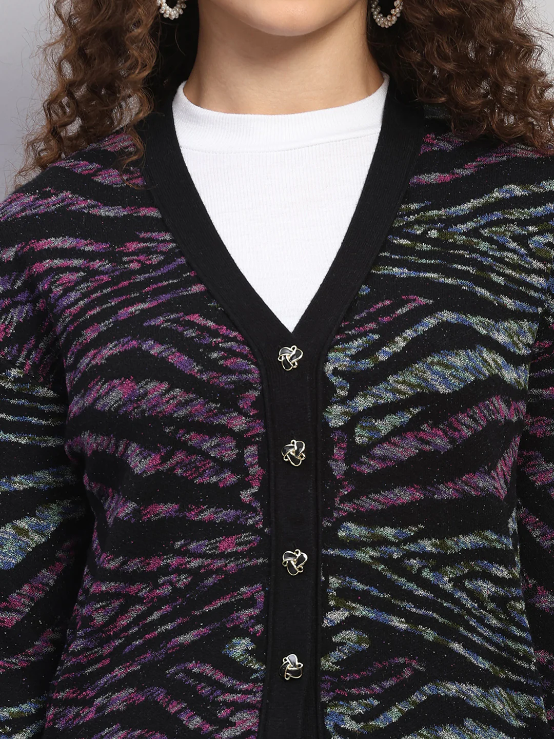Women Black Jaquard V Neck Full Sleeve Cardigan - Image 6