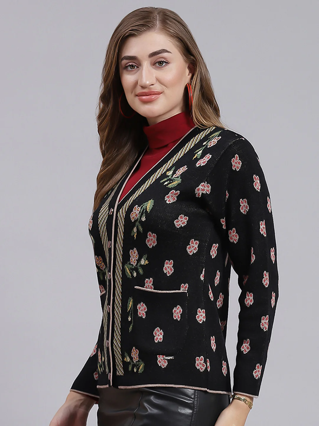 Women Black Jaquard Wool blend Cardigan - Image 4