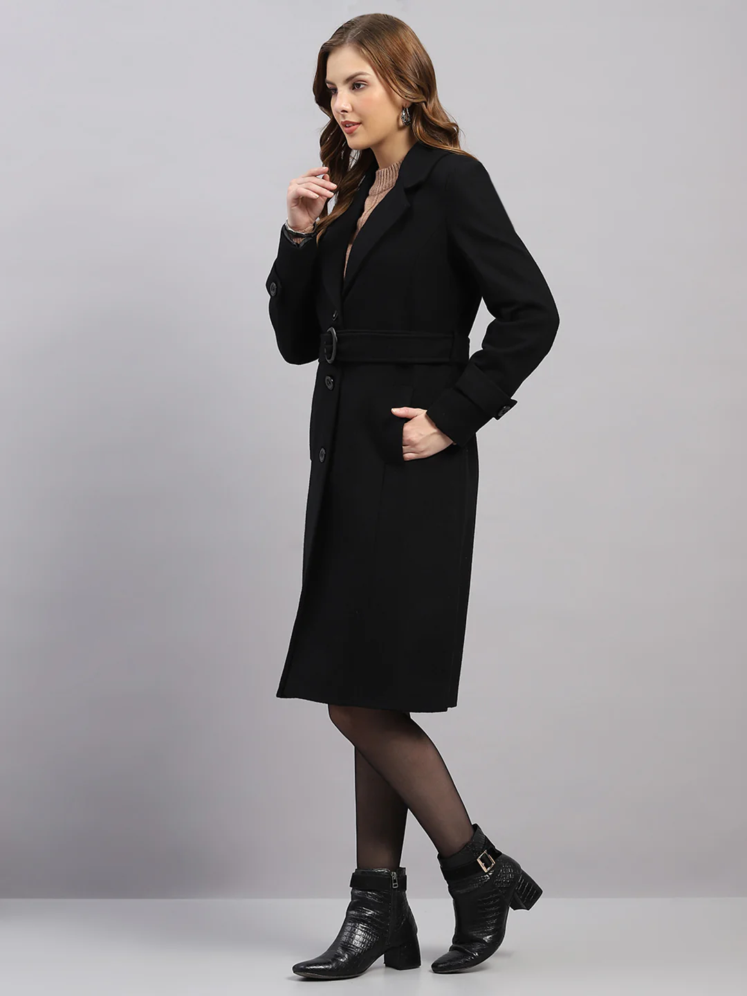 Women Black Luxury Classic Extra-Long Belted Coat - Image 3