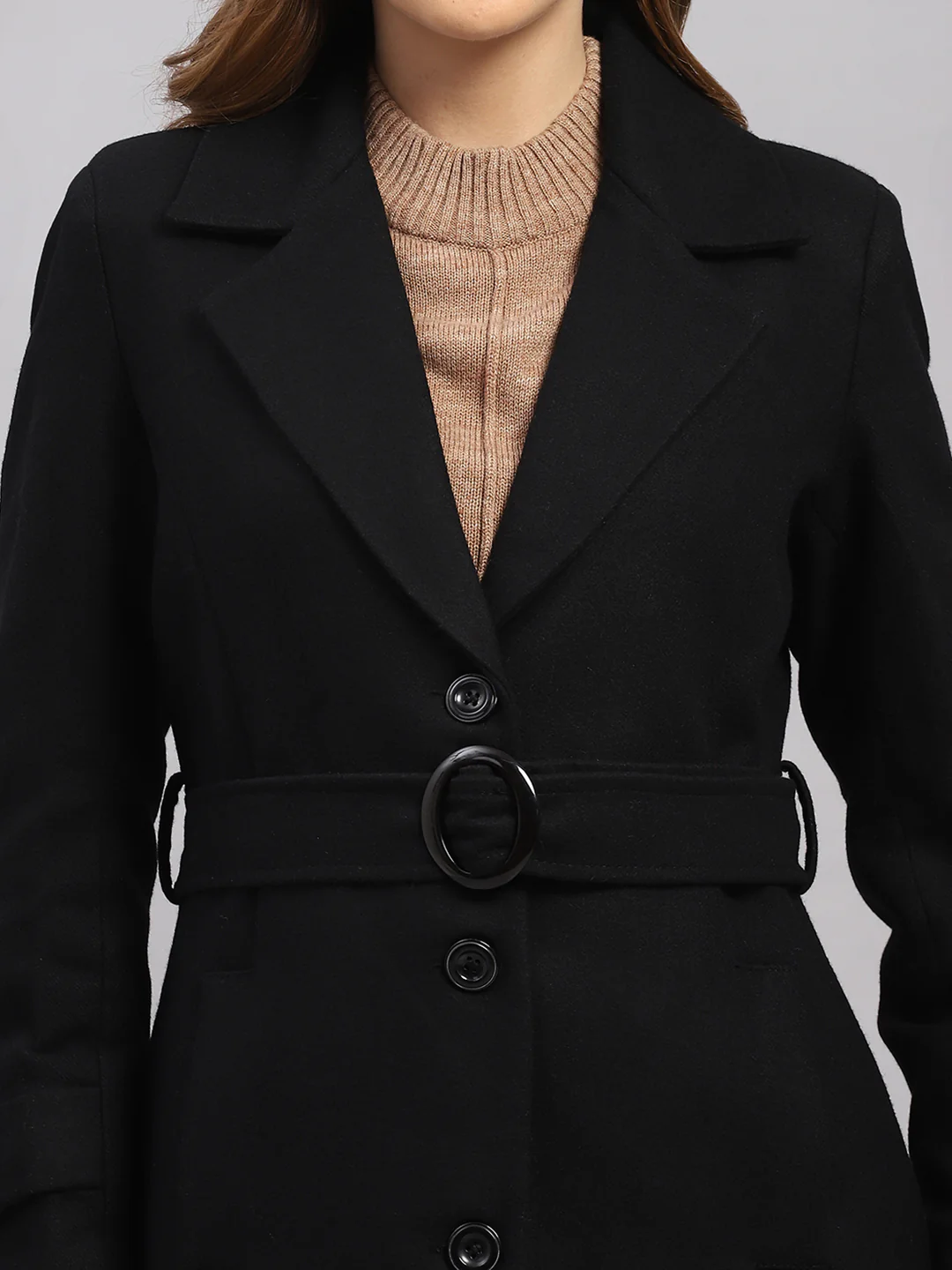 Women Black Luxury Classic Extra-Long Belted Coat - Image 6