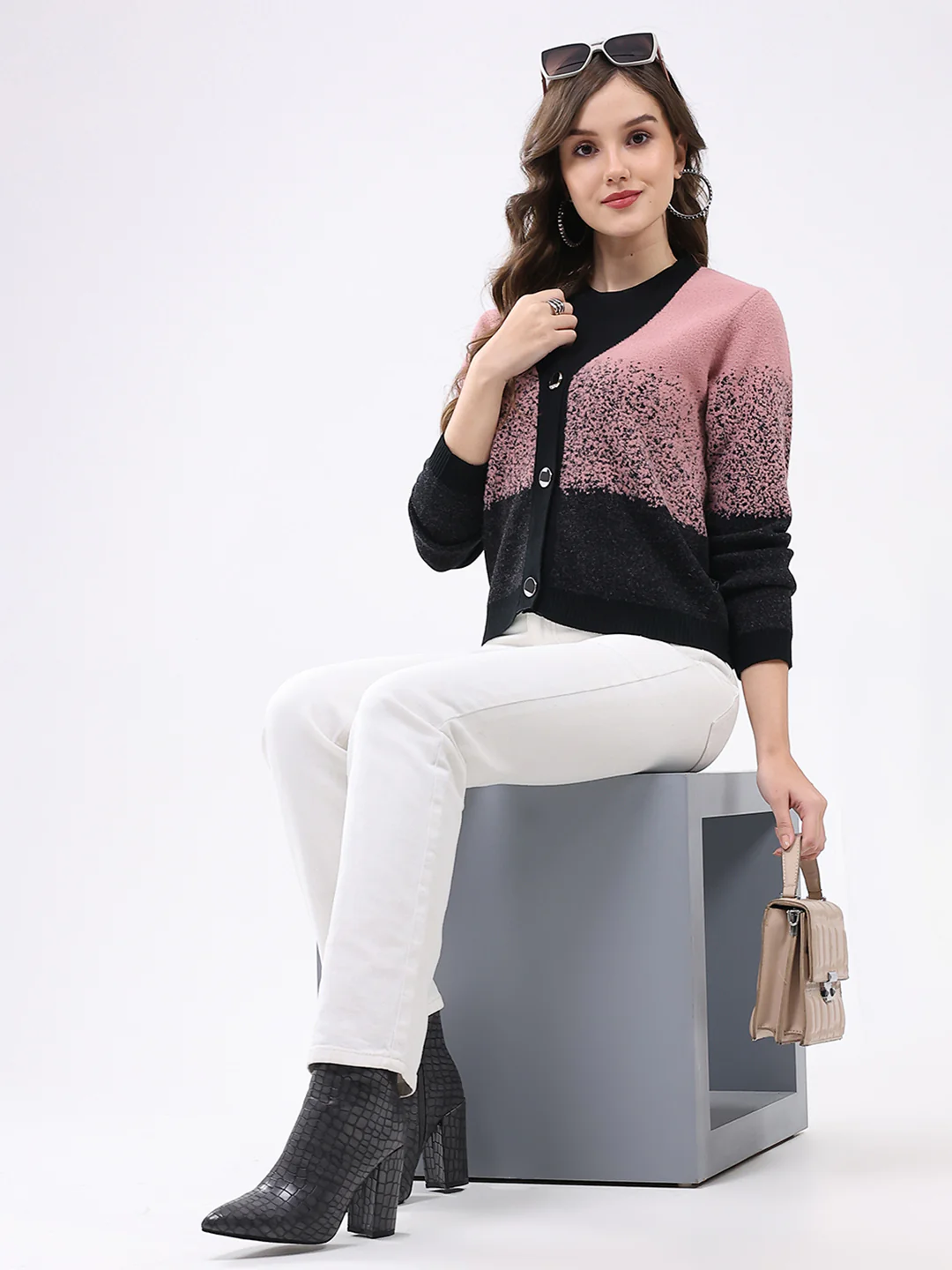 Women Black & Pink Self Design V Neck Full Sleeve Cardigan - Image 2
