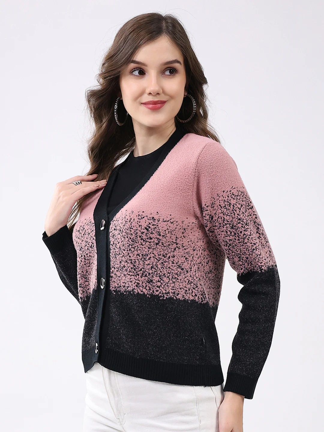 Women Black & Pink Self Design V Neck Full Sleeve Cardigan - Image 3