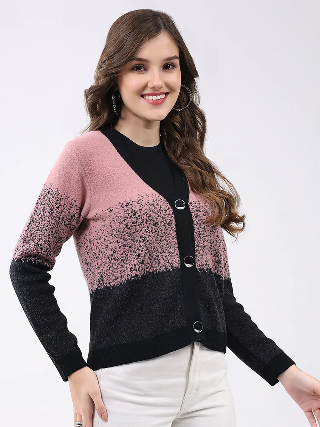 Women Black & Pink Self Design V Neck Full Sleeve Cardigan - Image 4