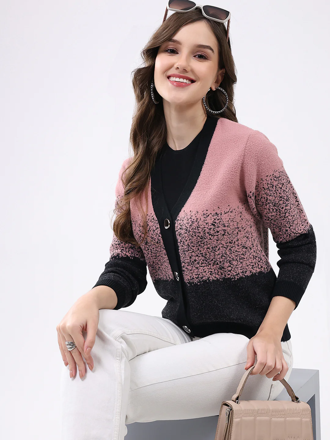Women Black & Pink Self Design V Neck Full Sleeve Cardigan - Image 6