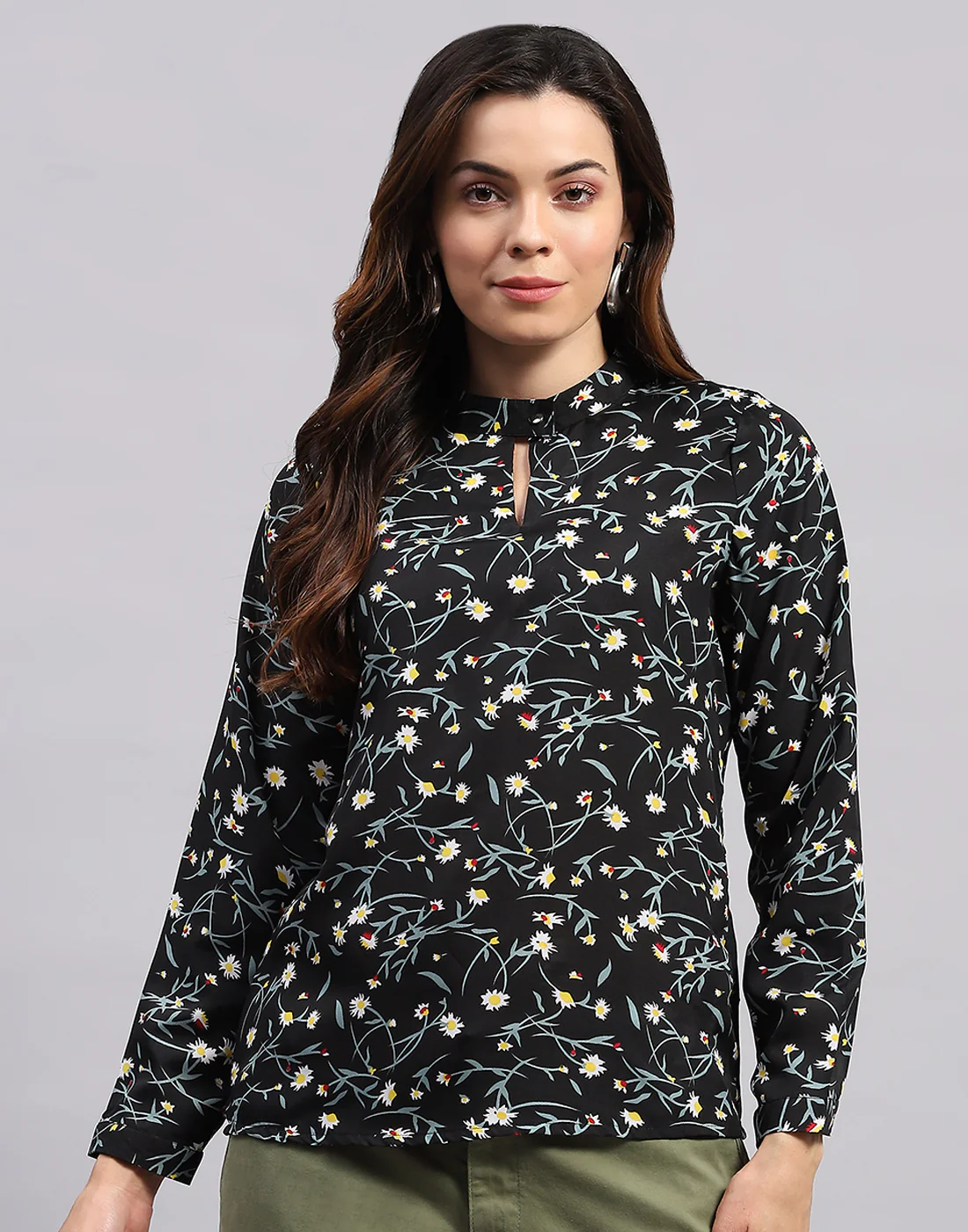 Women Black Printed Band Collar Full Sleeve Top - Image 4