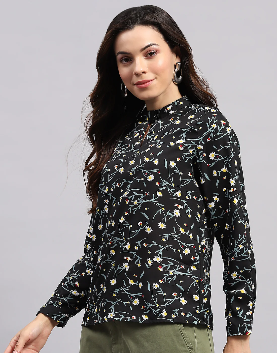 Women Black Printed Band Collar Full Sleeve Top - Image 5