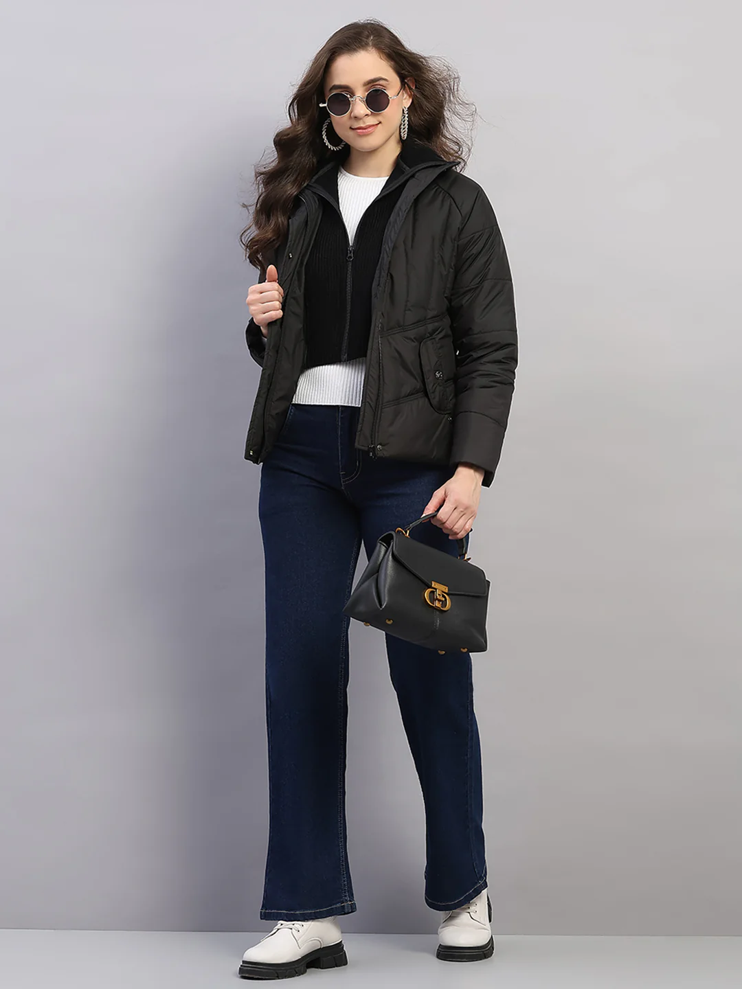 Women Black Printed Collar Full Sleeve Jacket - Image 2
