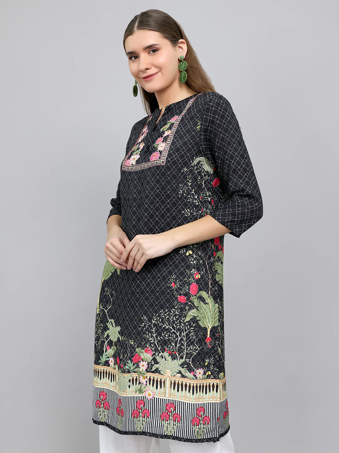 Women Black Printed Fashion Neck 3/4th Sleeve Kurti - Image 2