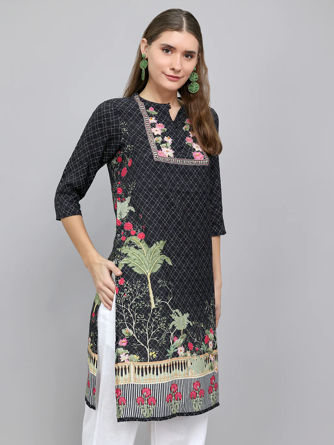 Women Black Printed Fashion Neck 3/4th Sleeve Kurti - Image 3
