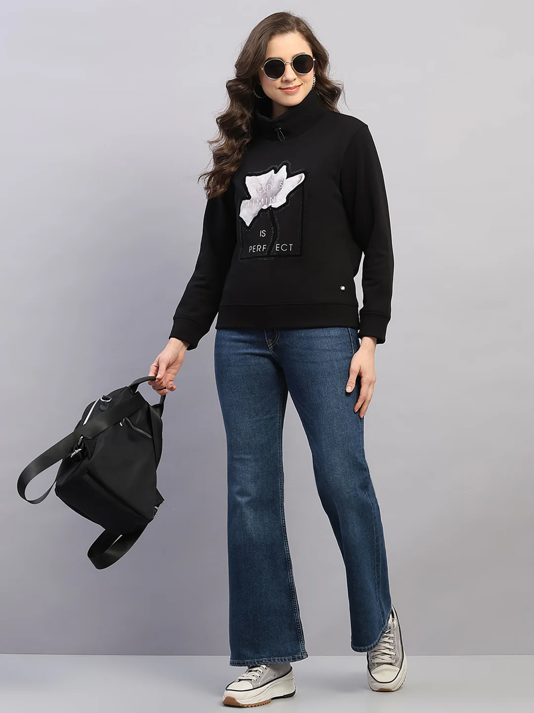 Women Black Printed High Neck Full Sleeve Sweatshirt - Image 2