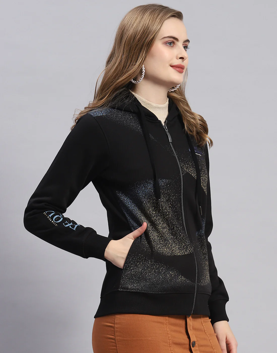Women Black Printed Hooded Full Sleeve Sweatshirt - Image 4