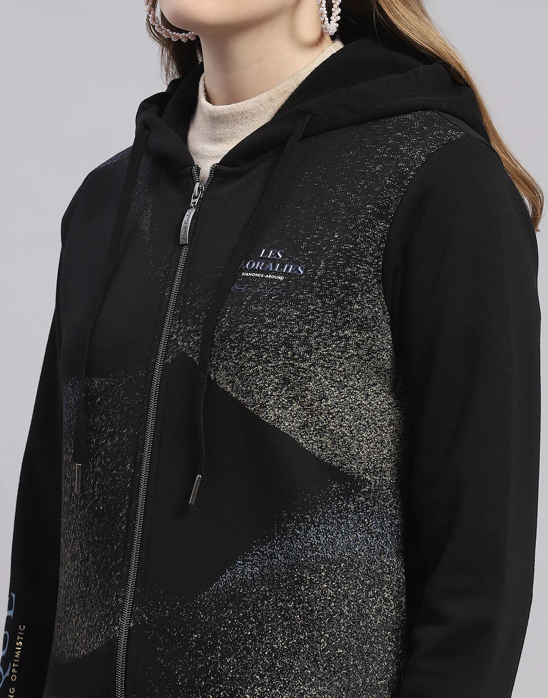 Women Black Printed Hooded Full Sleeve Sweatshirt - Image 7