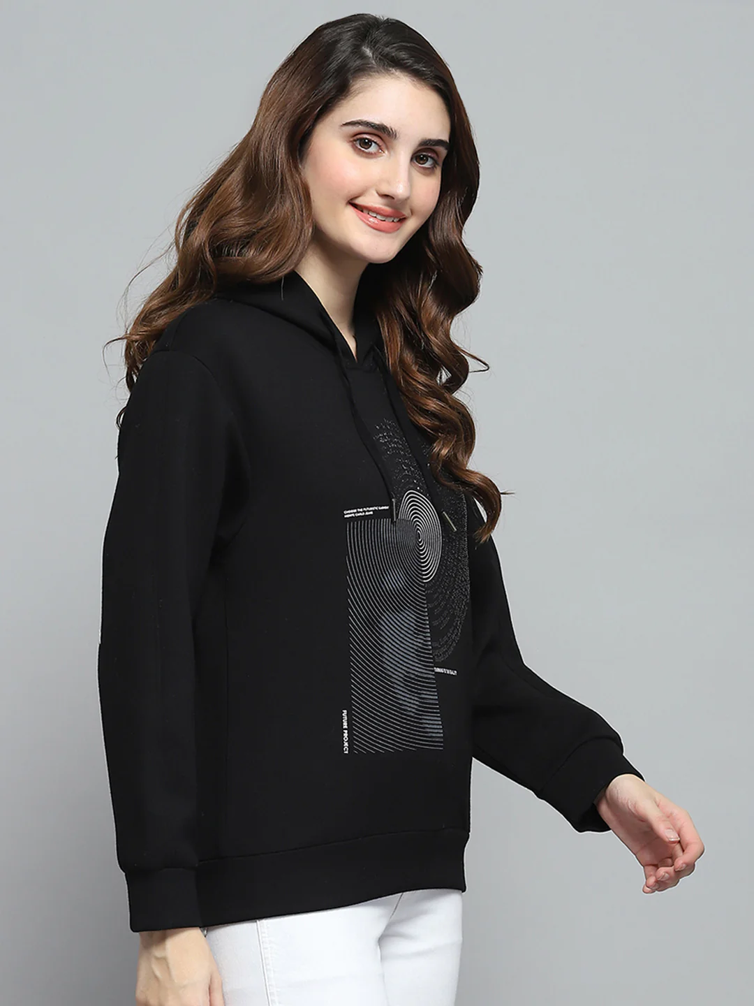 Women Black Printed Hooded Full Sleeve Sweatshirt - Image 4