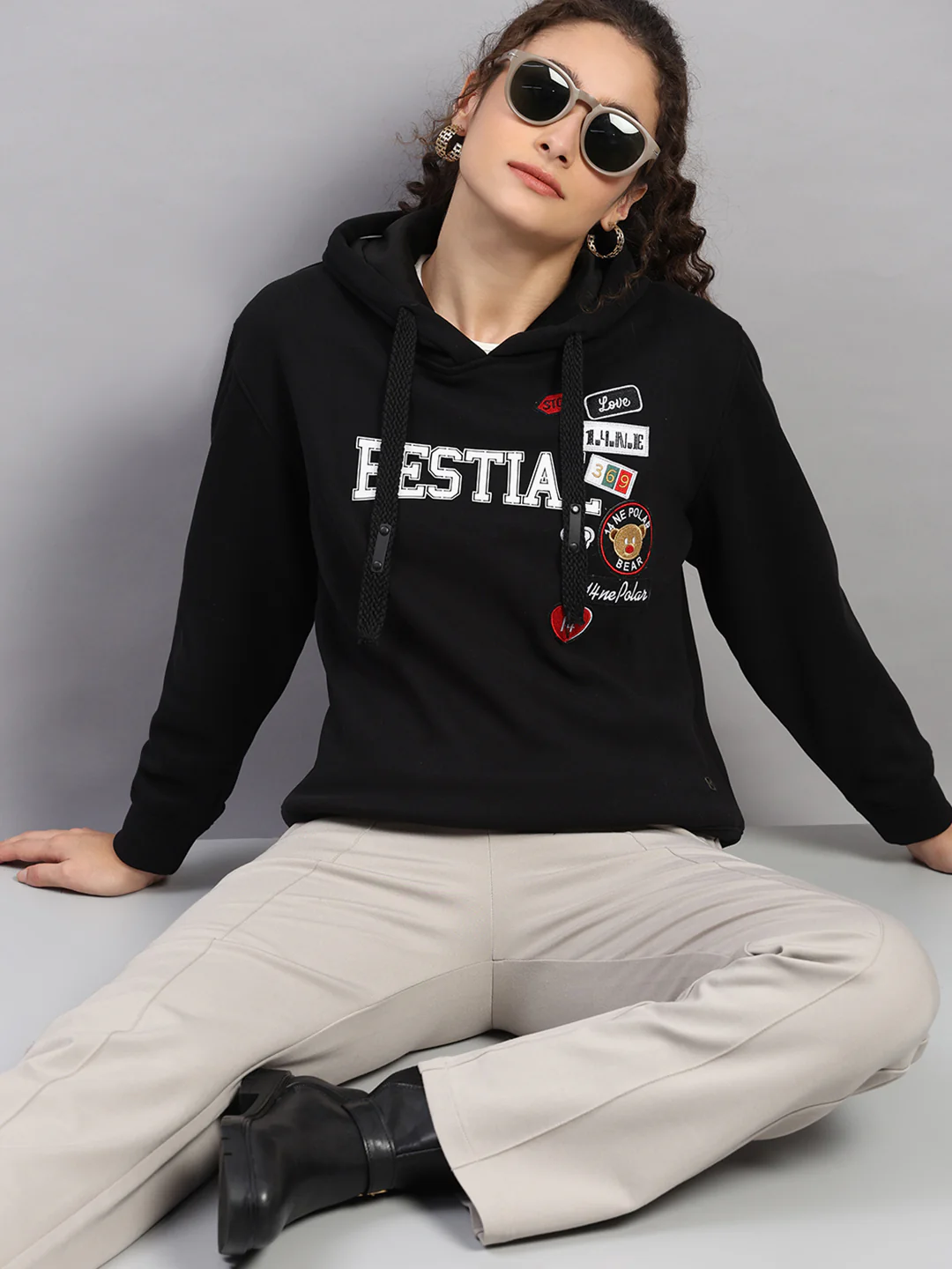 Women Black Printed Hooded Full Sleeve Sweatshirt - Image 6
