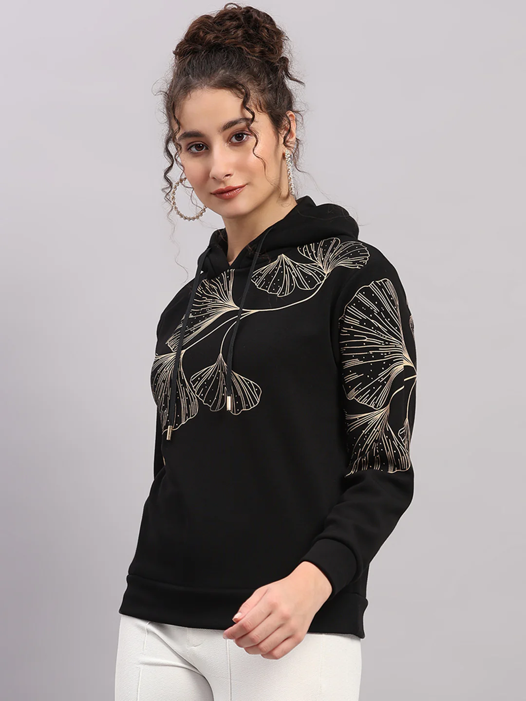 Women Black Printed Hooded Full Sleeve Sweatshirt - Image 3