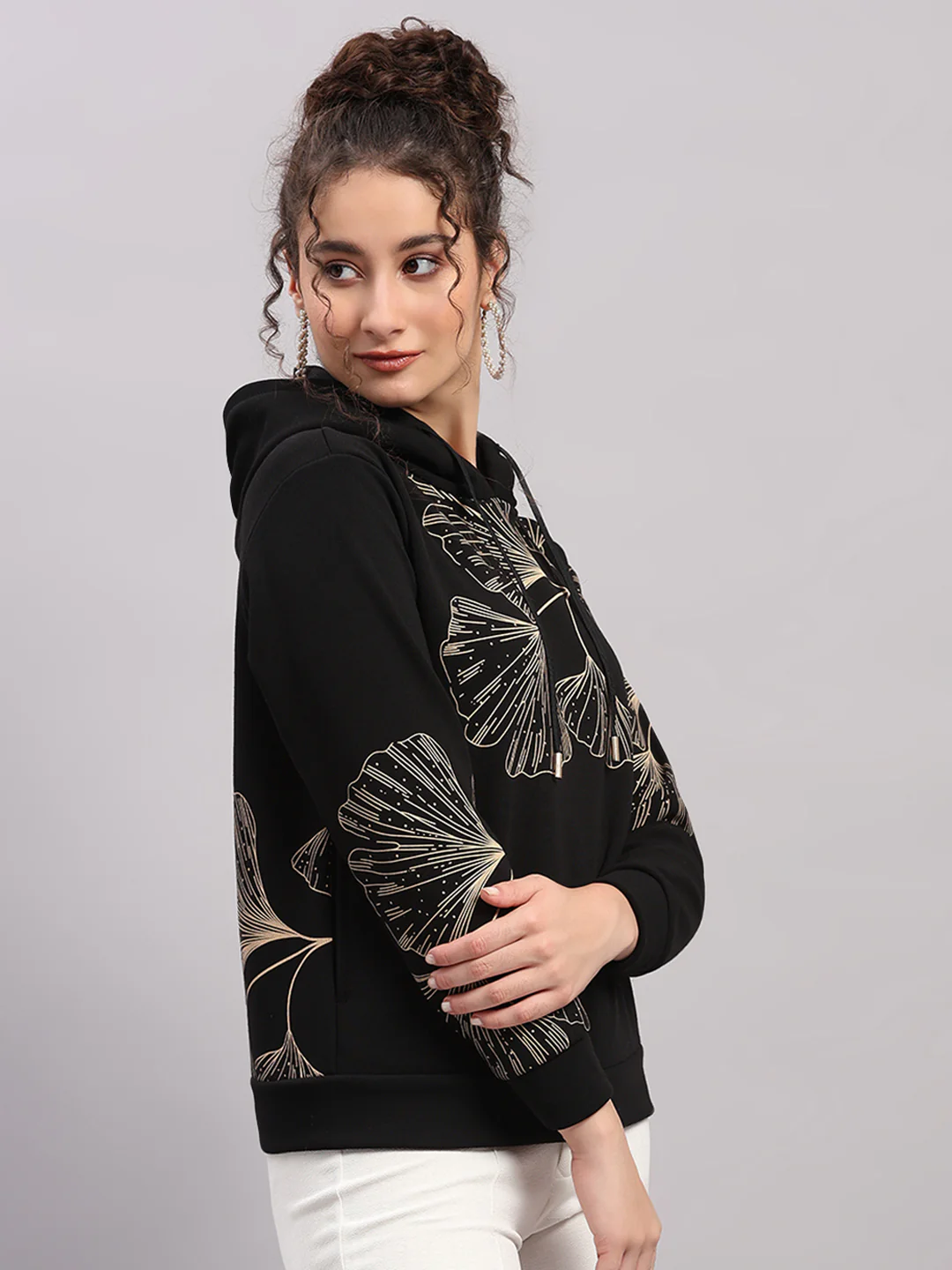 Women Black Printed Hooded Full Sleeve Sweatshirt - Image 4