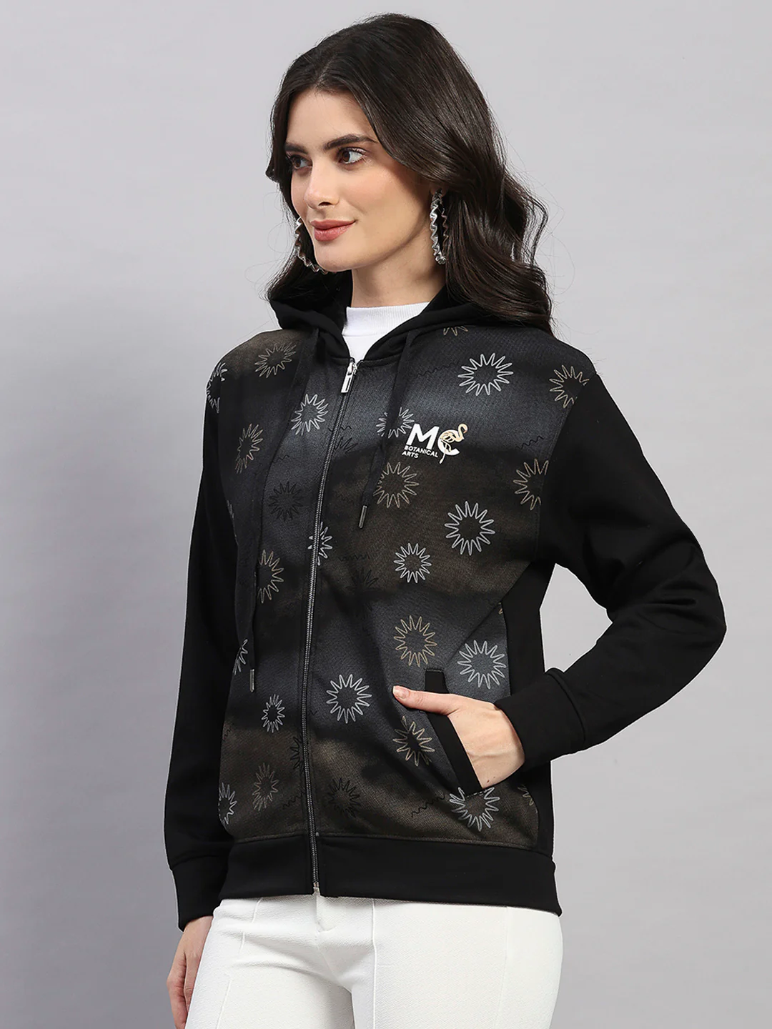 Women Black Printed Hooded Full Sleeve Sweatshirt - Image 3