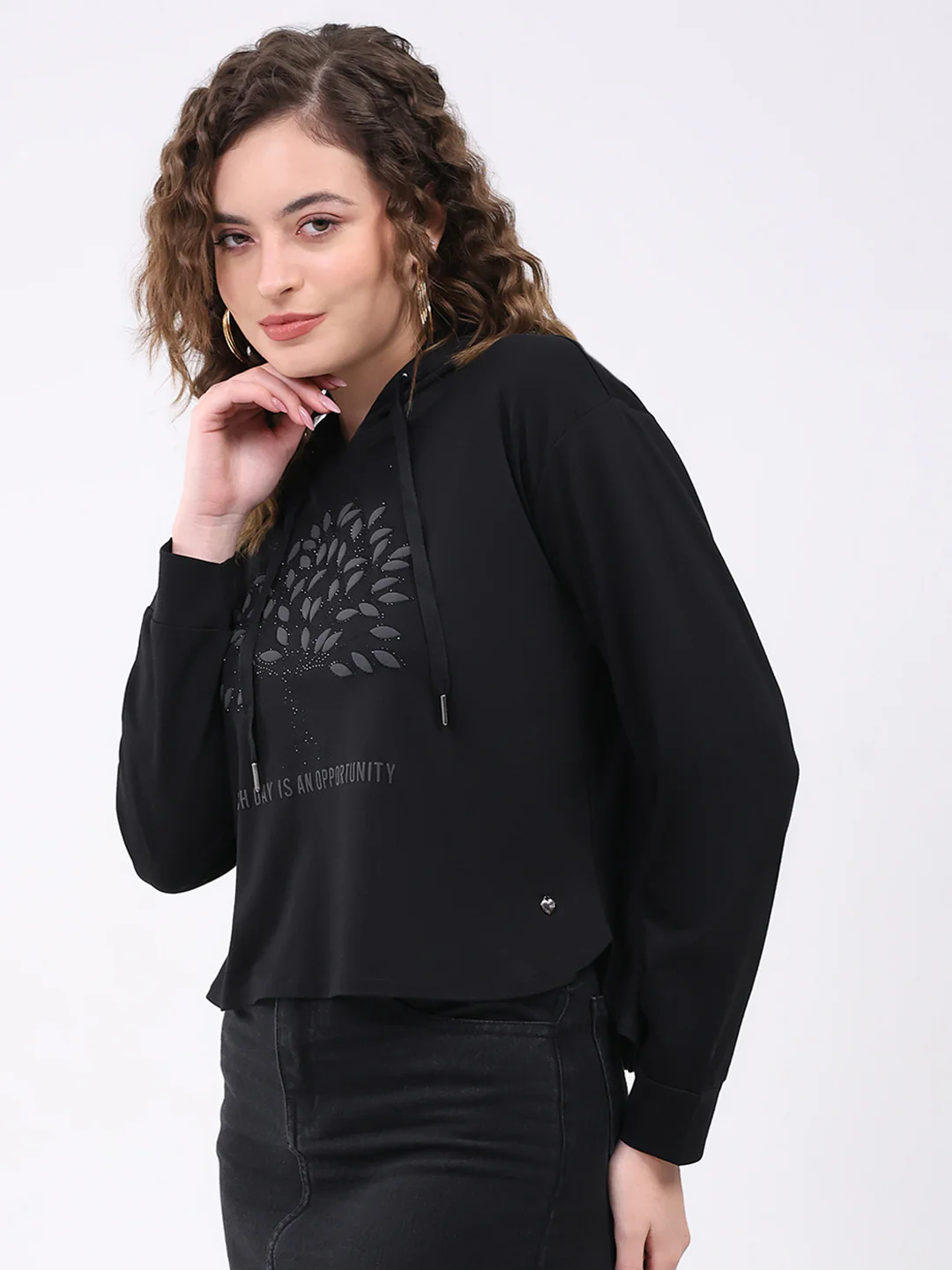 Women Black Printed Hooded Full Sleeve Winter Top - Image 3