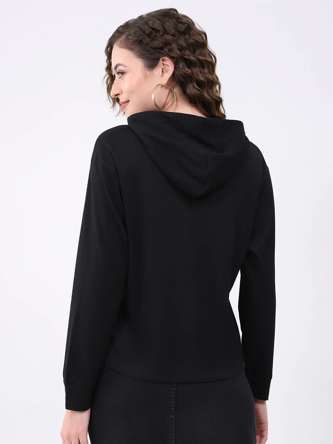 Women Black Printed Hooded Full Sleeve Winter Top - Image 5