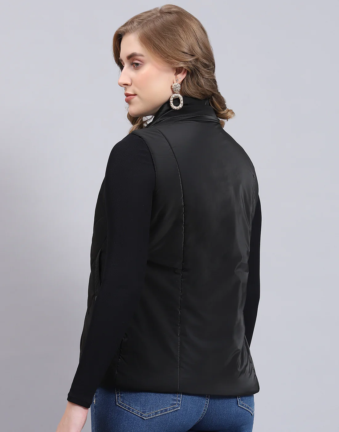 Women Black Printed Hooded Sleeveless Jacket - Image 7