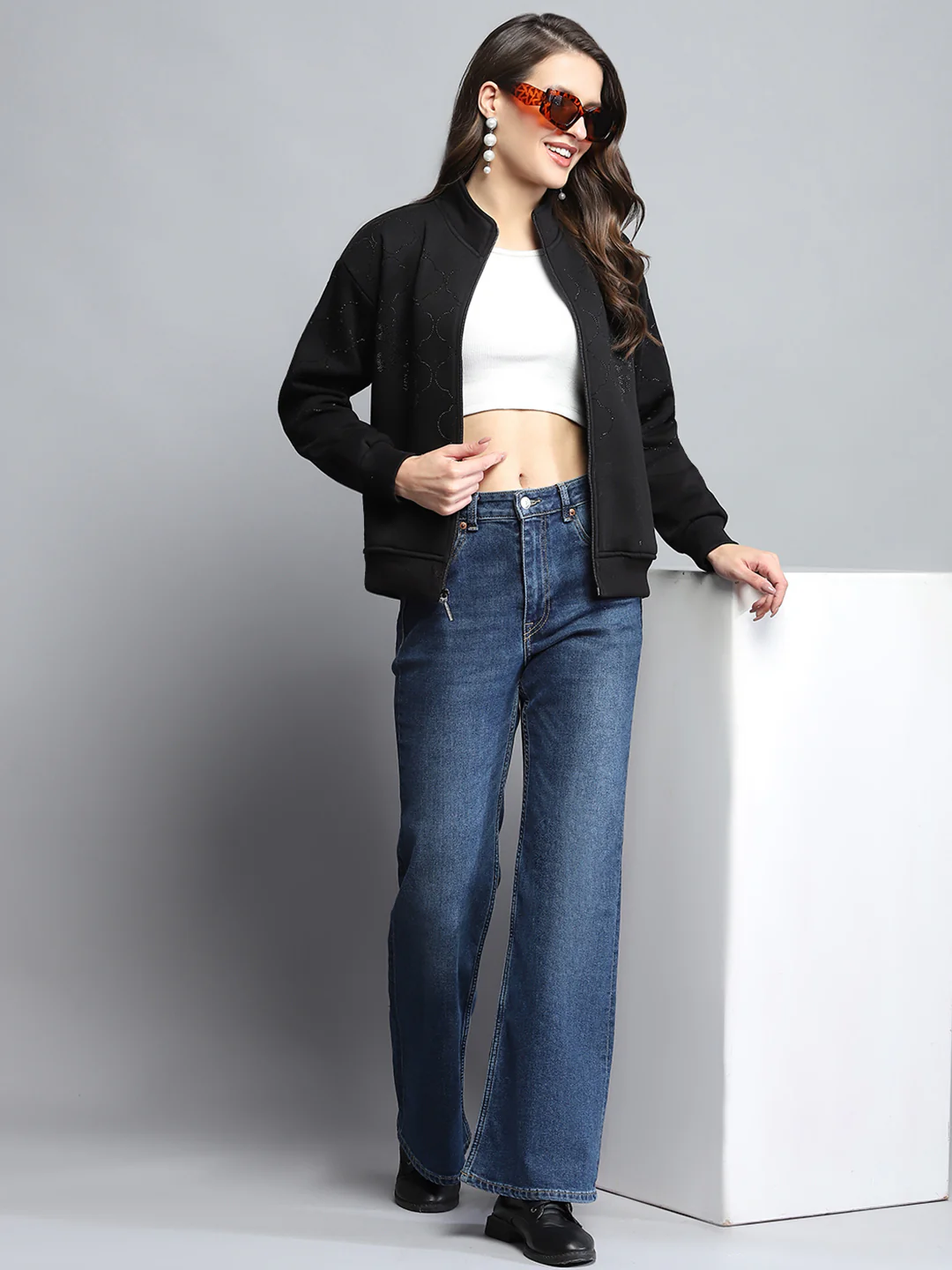 Women Black Printed Mock Neck Full Sleeve Sweatshirt - Image 2