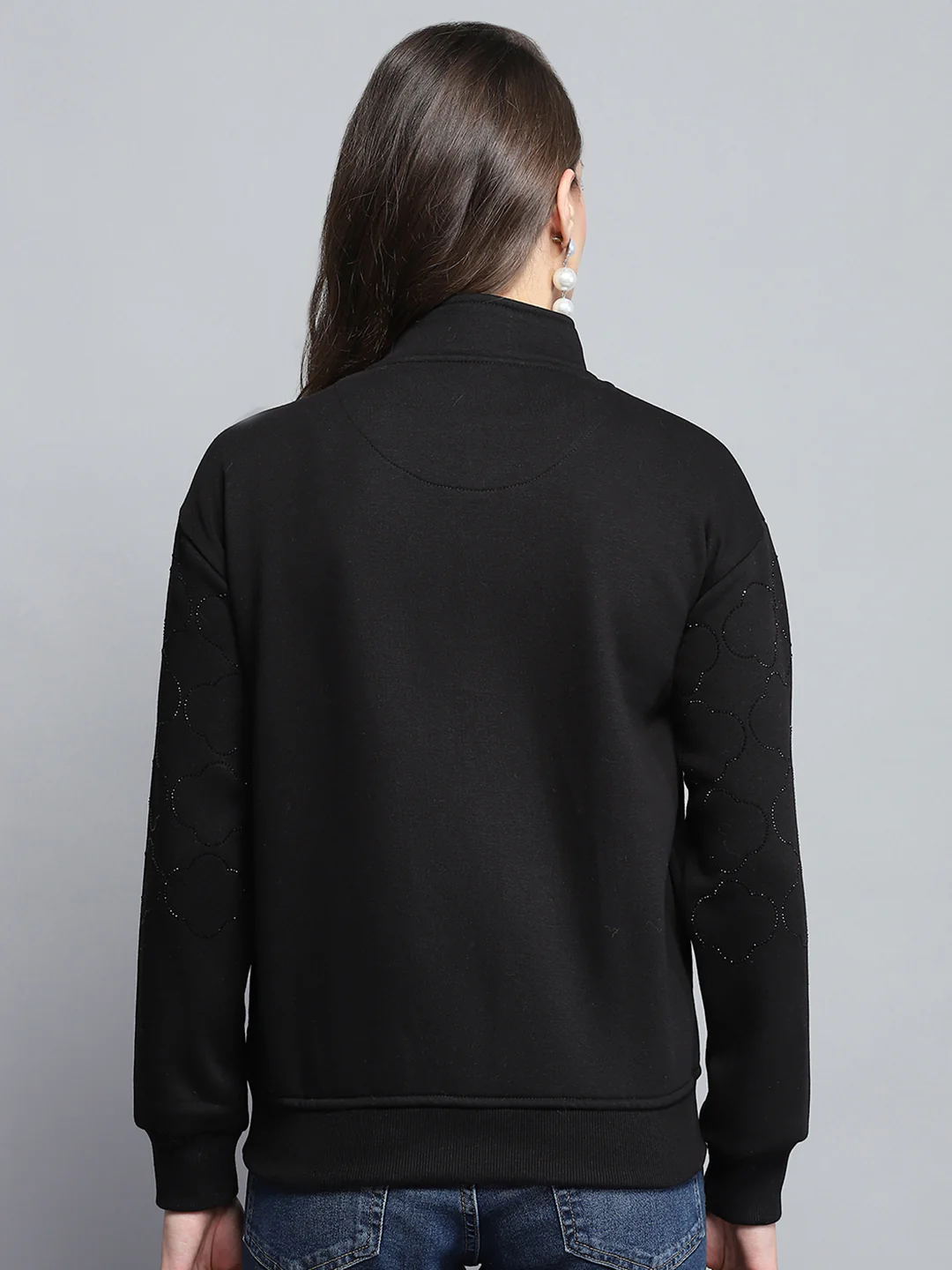 Women Black Printed Mock Neck Full Sleeve Sweatshirt - Image 5